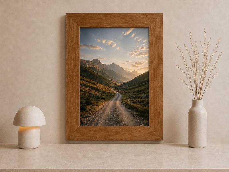 Combo Foto + Moldura 50x70 · com Vidro na cor Carvalho · Borda 6 cm